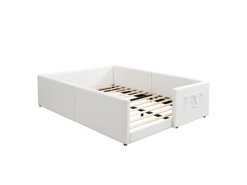 Lit rembourré 140 x 200 cm, lit enfant simple avec 3 poches de rangement pratiques, pu + contreplaqué, blanc  - Conforama A