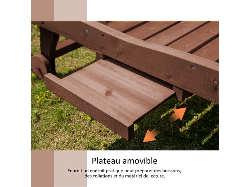  Bain de soleil transat style colonial dossier réglable 3 positions roulettes tablette support bois sapin pré-huilé  - Conforama E