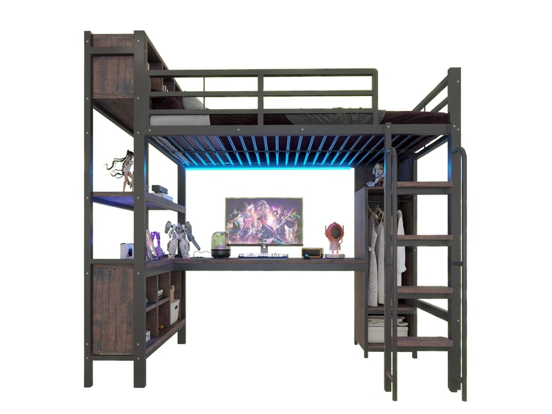  Lit mezzanine gaming 140x200 cm avec bureau intégré,armoire,étagères,led,prises européennes,barrière de sécurité haute,noir  - Conforama A