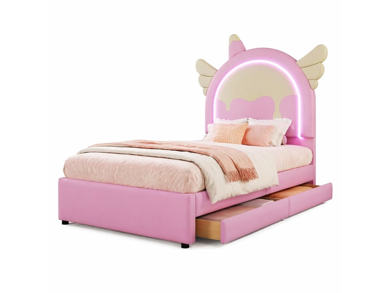  Lit 90x200 cm forme licorne avec bande lumineuse et 2 tiroirs polyuréthane (pu) rose sans matelas  - Conforama A