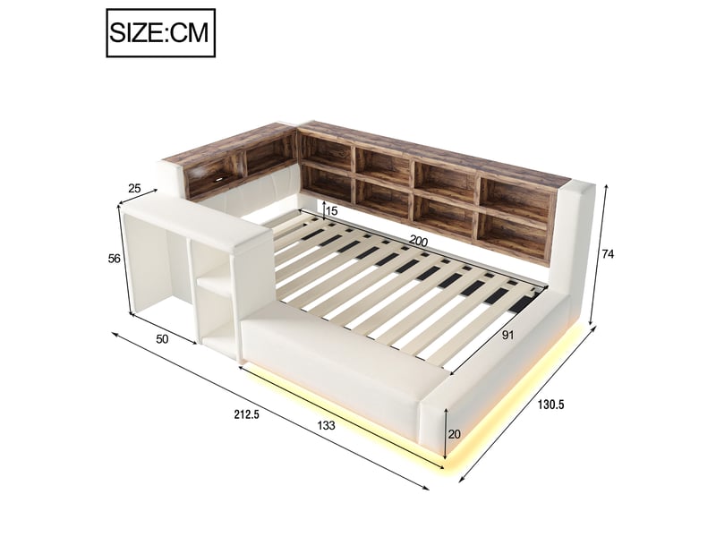  Lit simple 90x200 cm rangement, éclairage led en velours beige  - Conforama E
