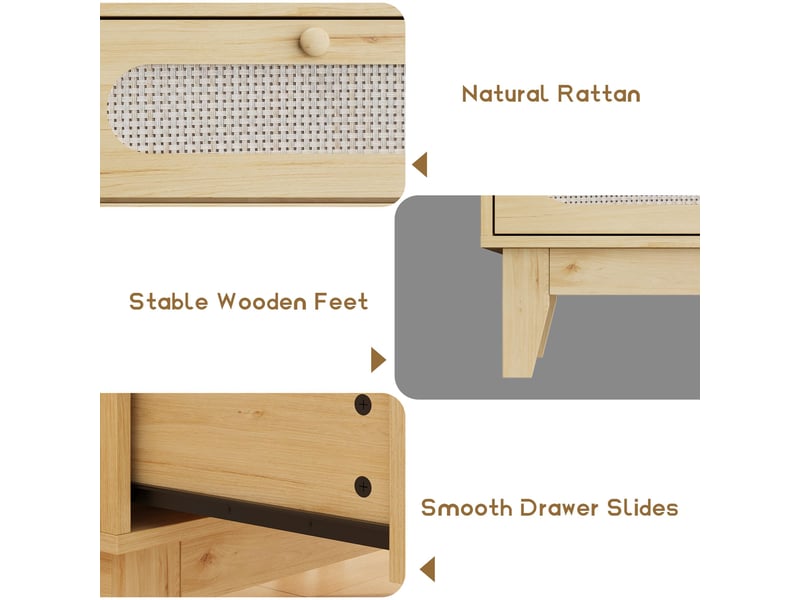 Commode 3 tiroirs en rotin et bois naturel, lot de 2 – grand capacité, poignées métal, finition étanche, sécurité anti-basculement VAM_33SLJHSM - Conforama C