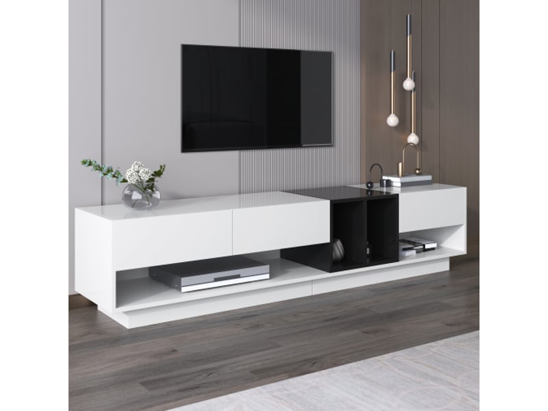  Meuble tele haut lowboard blanc laqué brillant et noir, design color block avec tiroirs et rangements multiples  - Conforama C