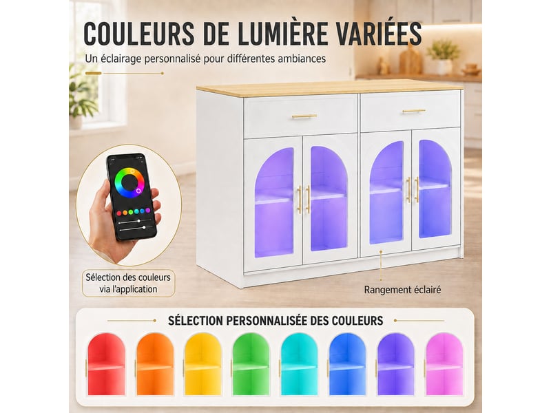 Desserte de cuisine led avec 2 tiroirs et étagères réglables en mdf 135×55×91 cm blanc - Conforama C