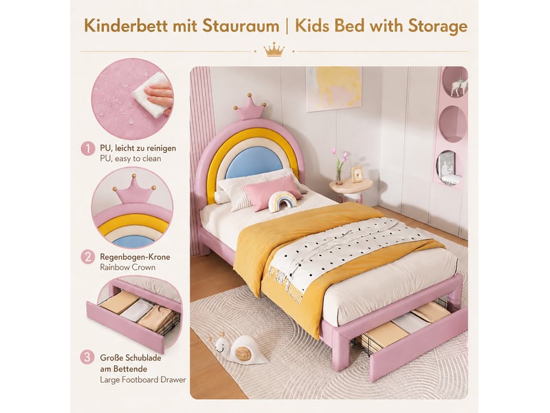  Lit enfant 90x200 cm, tête de lit arc-en-ciel couronne réglable 2 hauteurs, tiroir au pied, pu rose, sans matelas  - Conforama E