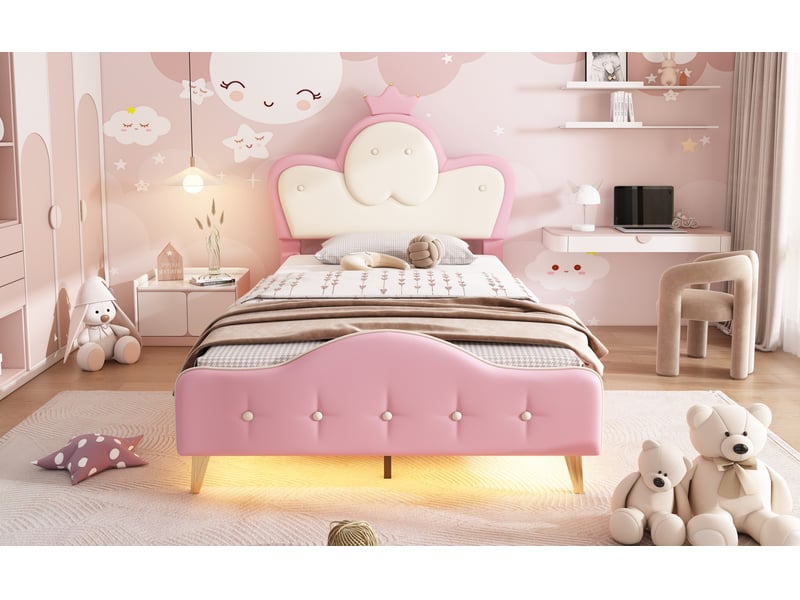  Lit enfant 90x200 cm capitonné en pu rose et blanc avec led  - Conforama W