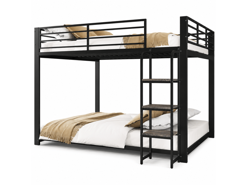  Lit superposé double en métal 140x200 cm avec escalier étagère à larges marches en bois, garde-corps, cadre robuste, pour enfants et adolescents, noir  - Conforama A
