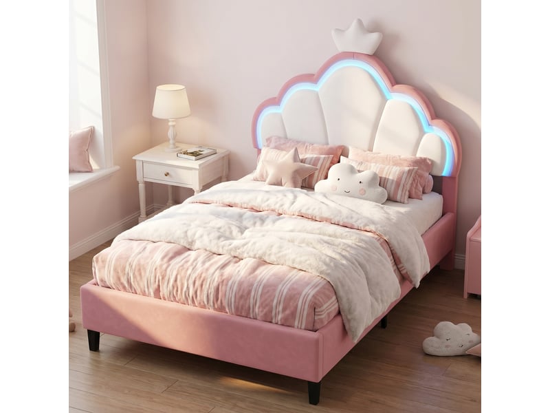 Lit simple 90x200, éclairage led, lit enfant, tête de lit forme couronne ajustable, velours, style moderne, blanc+rose  - Conforama D
