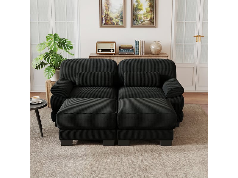  Canapé 2 places modulable avec 2 poufs, structure stable, assise profonde, coussins épais, tissu cord doux, salon appartement, noir  - Conforama D