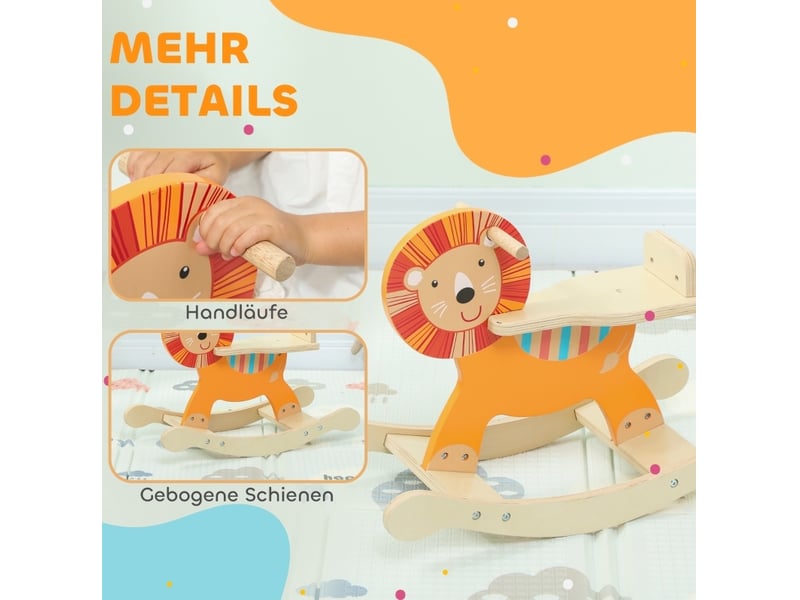  Cheval à bascule enfant motif lion 59x27x44 cm – orange – en bois, base anti-basculement, 25 kg  - Conforama D