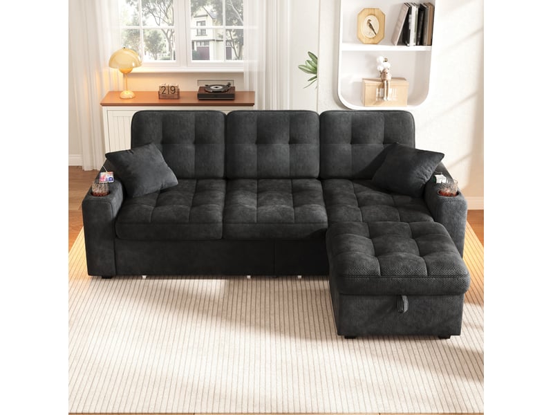 Canapé droit 3 places 194,5x133x83 cm avec 2 tiroirs, pouf de rangement, led, charge rapide, tissu chenille noir - Conforama E