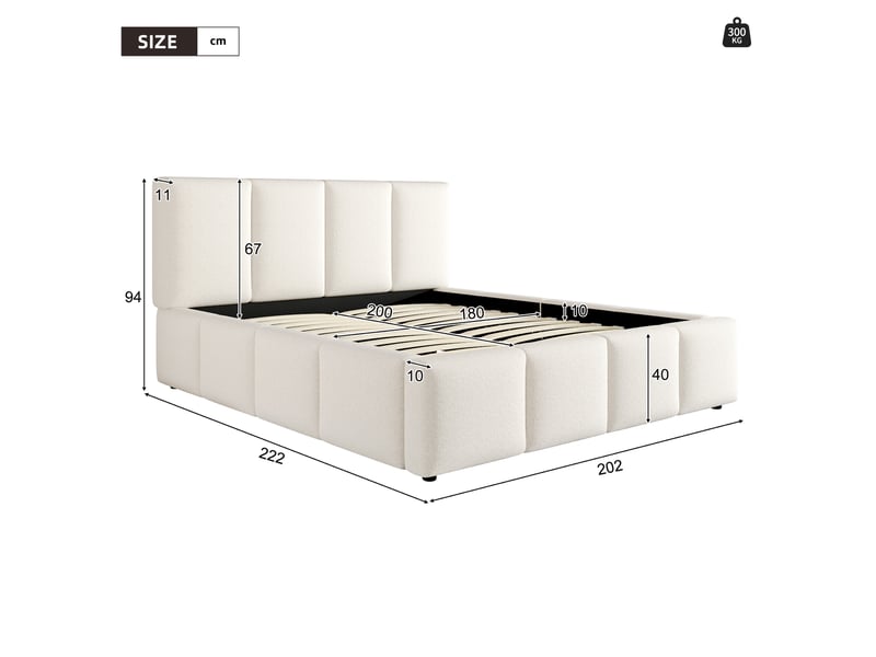  Lit double 180 x 200 cm avec sommier à lattes et tête de lit bouclée beige  - Conforama C