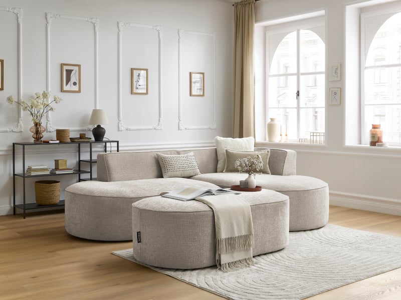  Bobochic canapé d'angle fixe rousseau tissu texturé avec pouf beige  angle droit ROUSSEAU - Conforama B