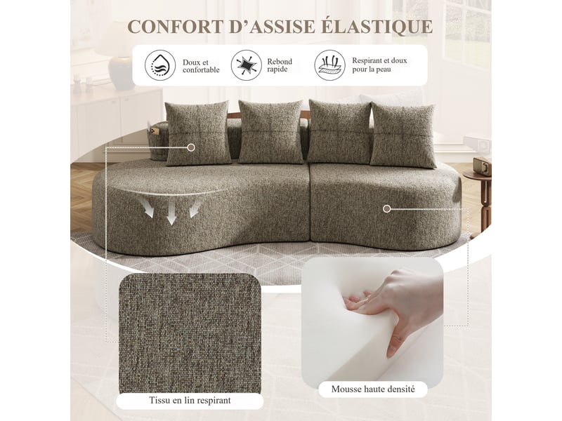 Canapé droit fixe en lin kaki 240 x 109 x 63 cm, 4 places, 4 coussins, porte-gobelets et poches latérales, salon 240x109x63cm - Conforama E
