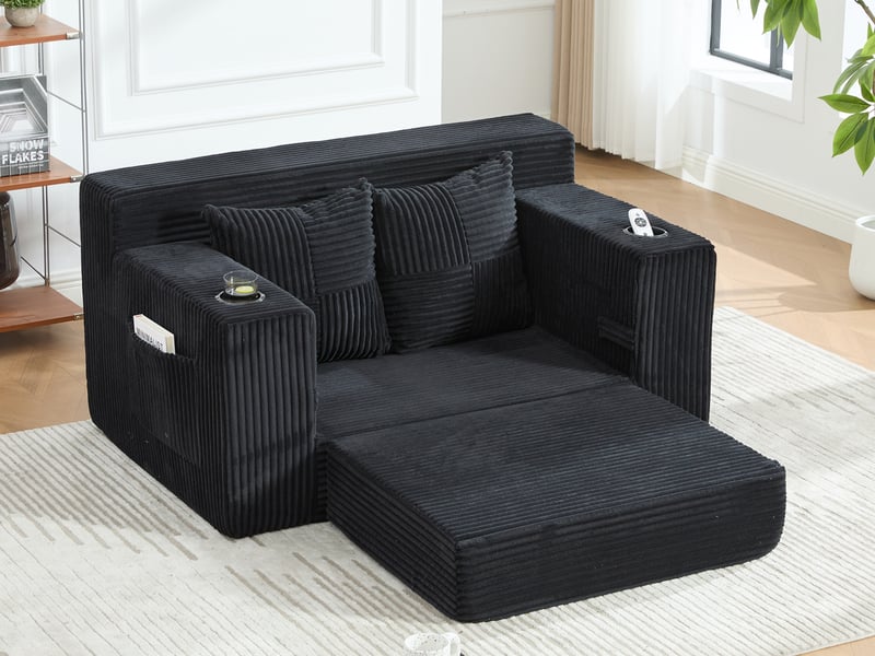  Canapé droit convertible 2 places, en velours côtelé, 2 coussins, porte-gobelet et poches latérales, 151 × 133 × 64 cm, noir YXY-0915-3 - Conforama B