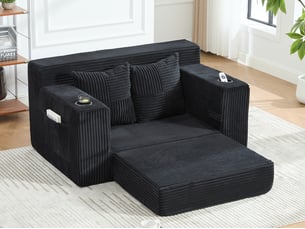 Canapé droit convertible 2 places, en velours côtelé, 2 coussins, porte-gobelet et poches latérales, 151 × 133 × 64 cm, noir