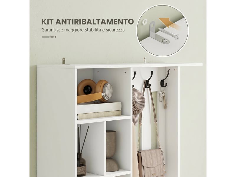 Vestiaire d'entrée avec banc à chaussures, meuble 4 en 1 avec étagère réglable, 4 crochets et compartiments, pour salon, blanc  - Conforama D