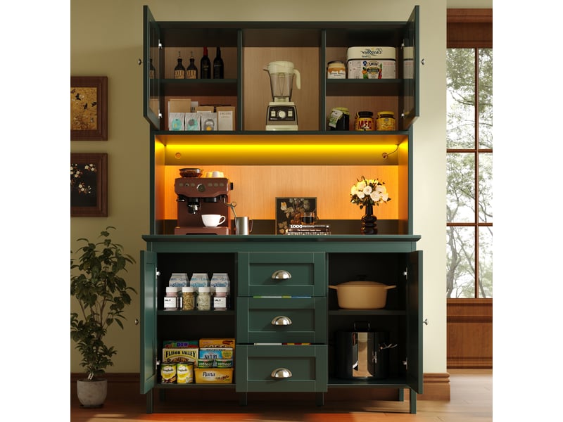  Meuble de cuisine muvano vert, buffet haut avec portes vitrées brunes et éclairage led, 120 x 40 x 179 cm  - Conforama D
