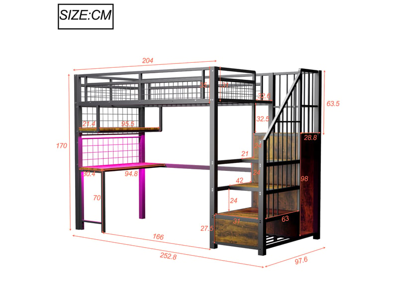  Lit mezzanine 90 x 200 cm, bande lumineuse, prise, échelle rangement, penderie, étagères, bureau, métal, noir  - Conforama E