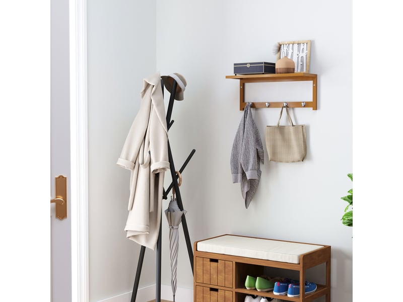 Porte-manteau mural en bambou, porte-serviettes avec 4crochets pour entrée, salon, salle de bain, couloir, chambre, 50x16x17,5 cm, charge maximale 5kg - Conforama C