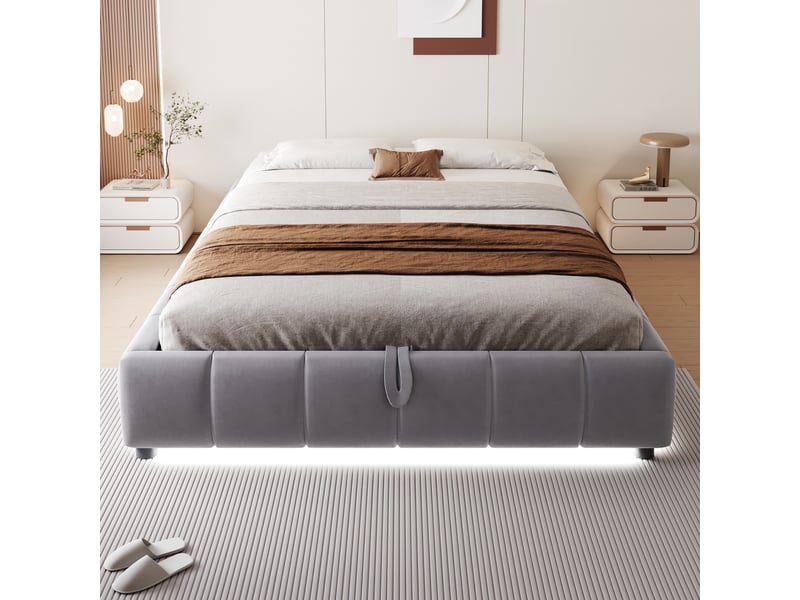  Lit capitonné 140 x 200 cm gris, sans tête de lit, sommier hydraulique multifonctionnel avec rangement et led  - Conforama D
