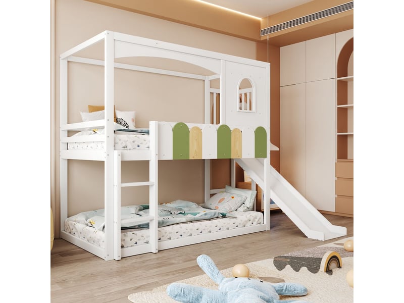  Lit superposé 90x200 forme cabane avec toboggan - lit superposé enfant - barrière multicolore, fenêtres, bois, blanc  - Conforama B