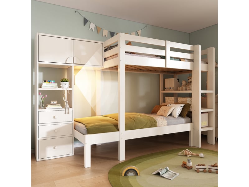 Lit superposé enfant 90x200 cm avec penderie, étagères, tiroirs et veilleuse led, structure en bois, blanc - Conforama E
