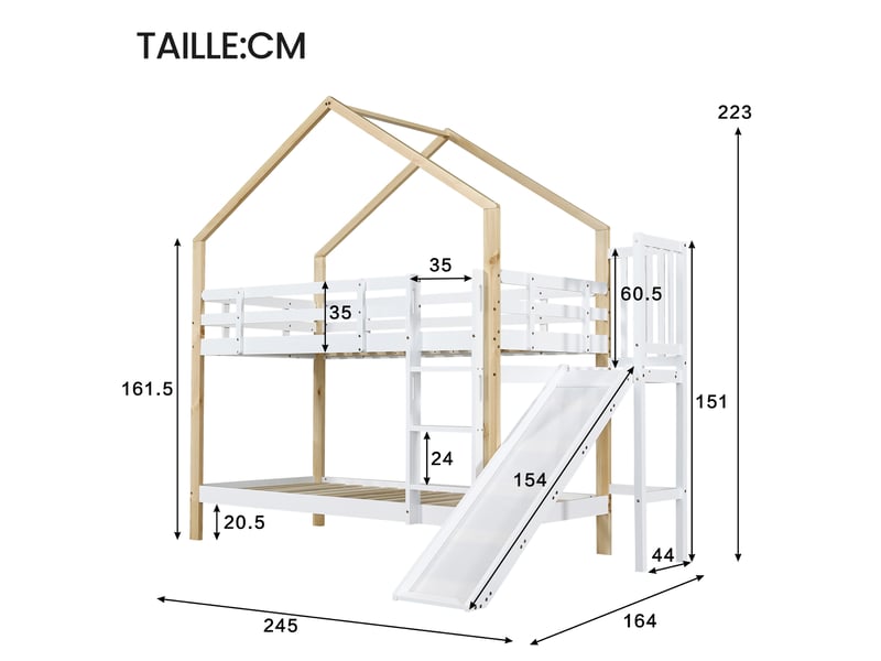  Lit superposé enfant, lit 2 places avec toboggan, échelle à 3 marches et barrières, 90x200 cm, sans matelas  - Conforama D