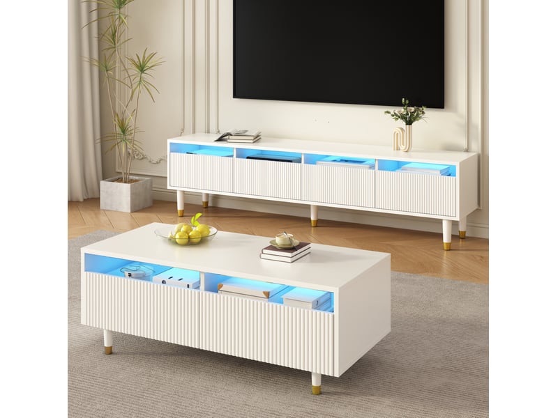 Ensemble meuble tv et table basse avec led, mdf blanc et détails dorés - Conforama B