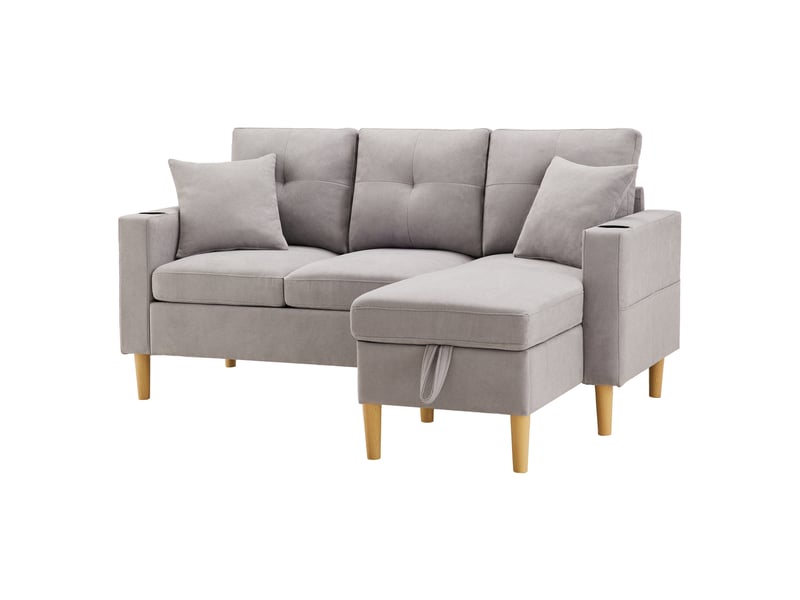 Canapé 3 places avec méridienne réversible - gris clair aspect lin avec coffre et porte-gobelets - Conforama A
