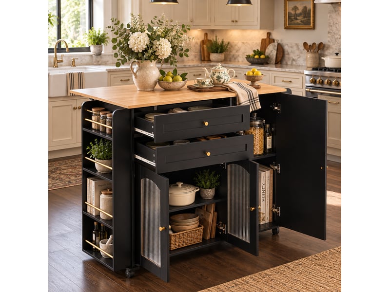  Desserte de cuisine 110x70x99 cm avec plateau rabattable noir et naturel  - Conforama B