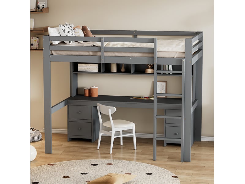  Lit mezzanine 90x200 cm avec bureau, rangements et tiroirs gris  - Conforama E