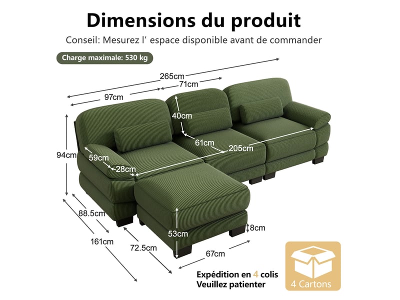 Canapé d’angle modulable 265 cm 3 places avec pouf, design carré épuré, base et accoudoirs à matelassage en canaux, velours côtelé, vert - Conforama D