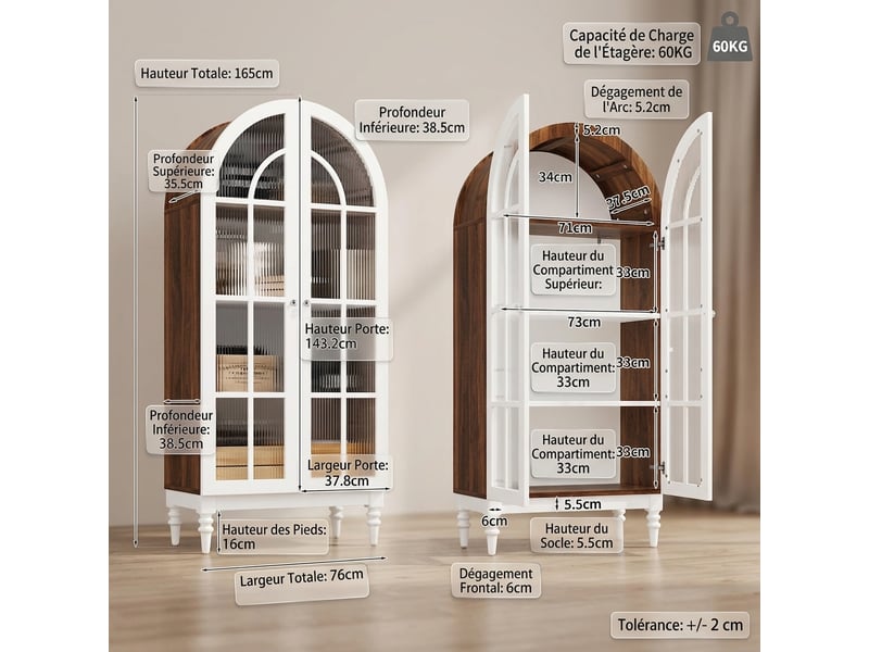  Buffet de cuisine vitrine 165 cm avec portes en verre strié, finition noyer et blanc  - Conforama C