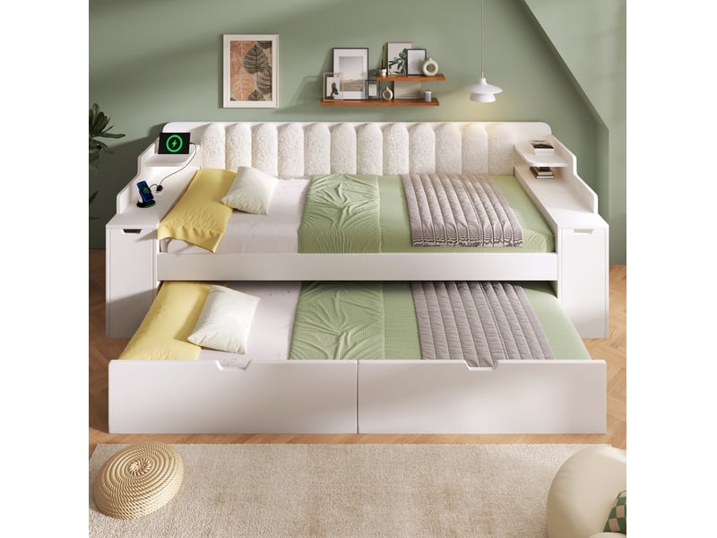  Lit gigogne 90x200 cm avec rangement et port usb, pour chambre, mdf, blanc, contemporain, design moderne, sans matelas  - Conforama B