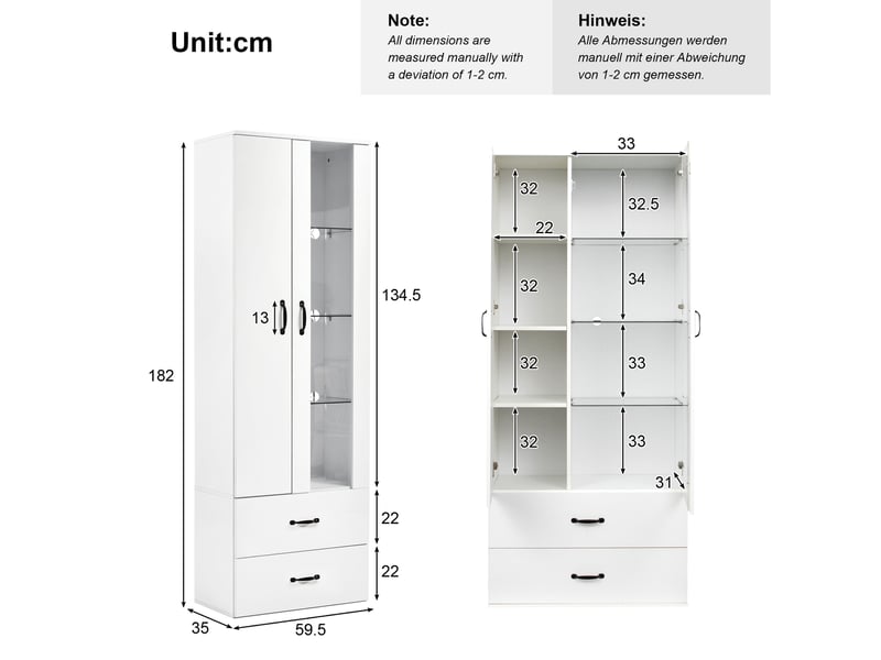 Vitrine 2 portes avec led bluetooth et 2 tiroirs - lpospi - 5 niveaux, verre et acrylique, blanc 59,5 × 35 × 182 cm - Conforama D