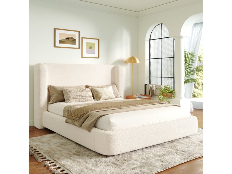 Lit coffre double 140cm*190cm en bouclette avec sommier à lattes et ouverture hydraulique beige chicfurn - Conforama C