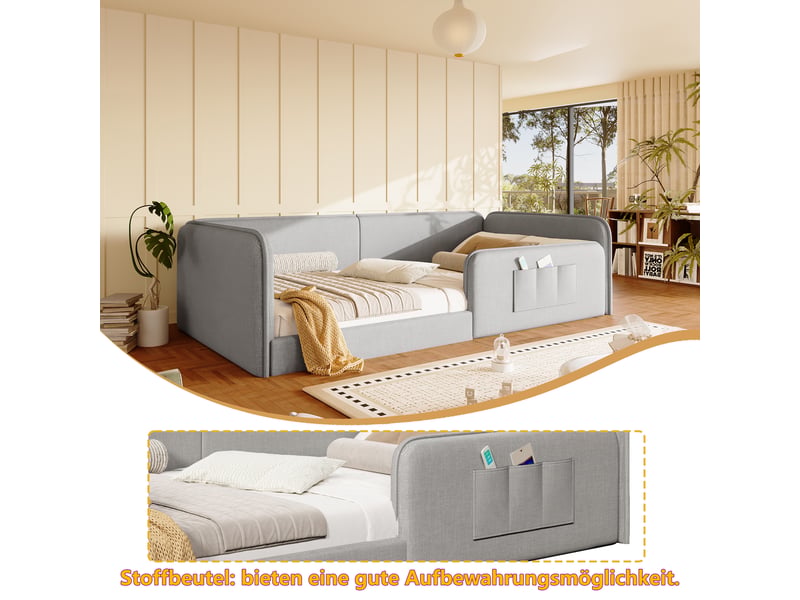  Lit enfant 90x200 cm, cadre rembourré avec protection périphérique, poches de rangement, revêtement lin, gris OMNIGLINT TRADING LTD - Conforama E