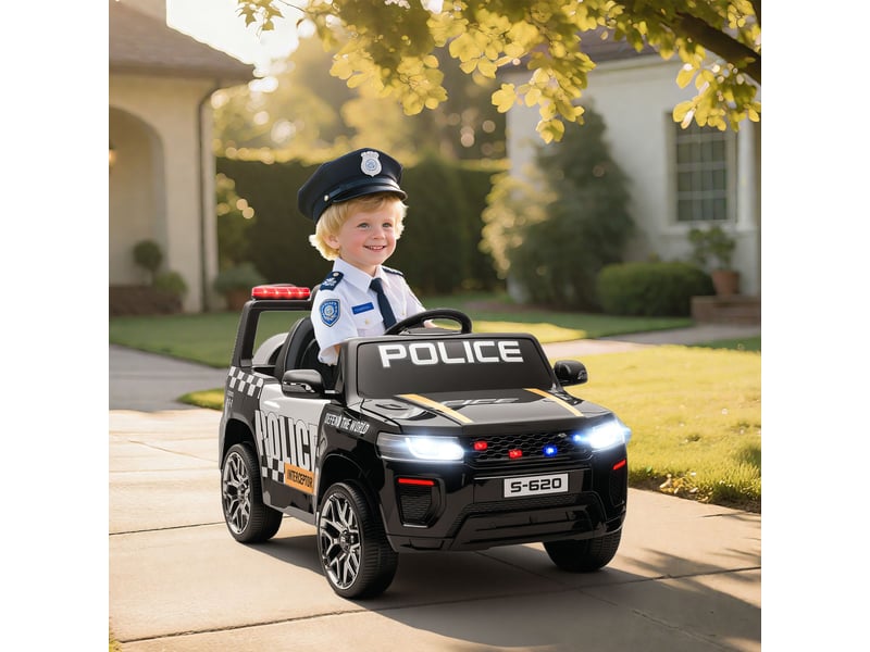 Voiture de police électrique pour enfants avec télécommande, double moteur, sirène, suspension 4 roues et phares - noire - Conforama D