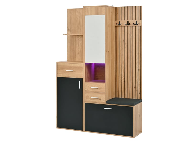 Meuble multifonction 120x32x178 cm - rangement chaussures - banquette - miroir - led - 1 porte - 3 tiroirs - étagères ouvertes - mdf - naturel et noir ABC - Conforama E