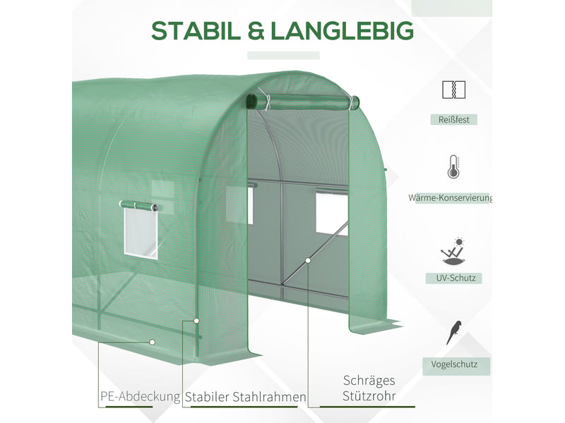  Serre de jardin tunnel 350x200x200 cm – verte – 3 fenêtres en maille, porte enroulable et ruban de fixation fourni  - Conforama E
