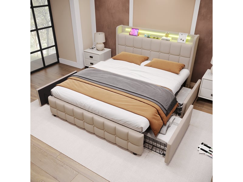 Lit avec tiroirs lit rembourré recharge usb tête de lit et éclairage led et 4 tiroirs lit double 140x200 cm lits de rangement beige  - Conforama C