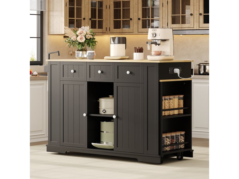  Îlot de cuisine,138x55x93 cm,avec table extensible,mdf,noir et naturel  - Conforama E