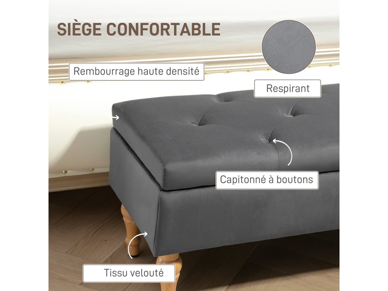  Banc coffre de rangement 2 en 1 banquette en velours avec pieds en bois et couvercle à charnière capitonné, gris foncé  - Conforama R