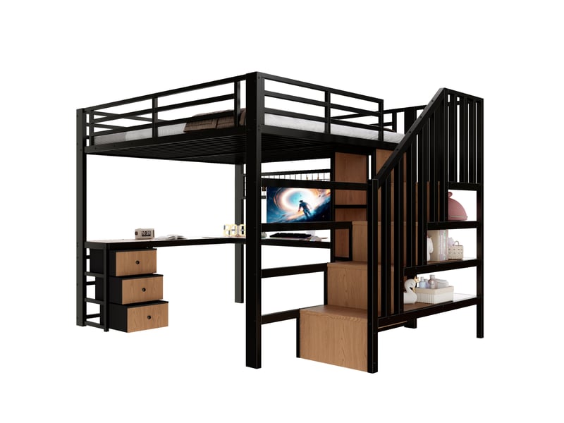  Lit mezzanine enfant 140x200 cm avec bureau, 4 tiroirs, escalier de rangement et éclairage led, cadre métal noir  - Conforama A