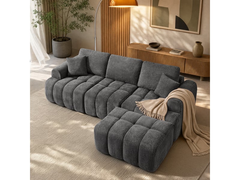 Ensemble canapé modulable d'angle 3 places avec pouf, canapé compressé en tissu chenille pour salon, gris - Conforama B