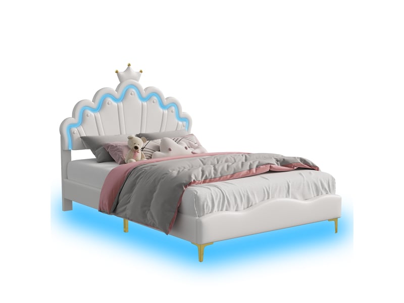 Lit princesse 140x190cm lit jeune avec tête de lit couronnée, éclairage led et sommier à lattes, rangement sous lit pour chambre de fille,sans matelas, pu,blanc - Conforama A