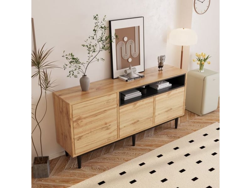  Buffet moderne, moderne en bois, meuble de rangement à 3 portes avec étagères ouvertes, 160 x 35 x 76 cm, pieds hauts, couleur bois naturel  - Conforama D