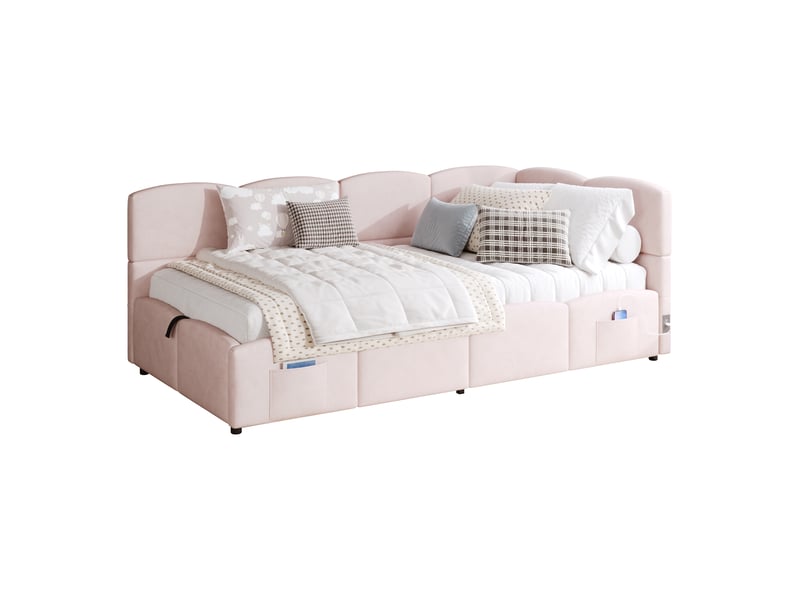  Lit rembourré, lit enfant, lit simple, lit coffre, canapé-lit 90x200 cm, avec sommier à lattes, chargeur usb, sac de rangement, lit junior et lit adulte-enfant, velours, rose (sans matelas)  - Conforama A