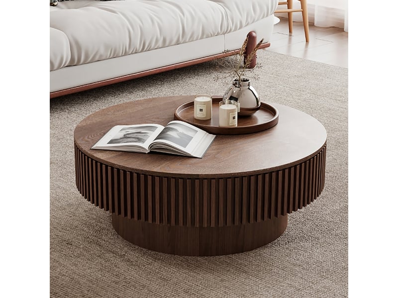  Table basse ronde avec coffre et décor cannelé teinte noyer 75 × 75 × 35 cm IKSETERA TRADING LTD - Conforama E